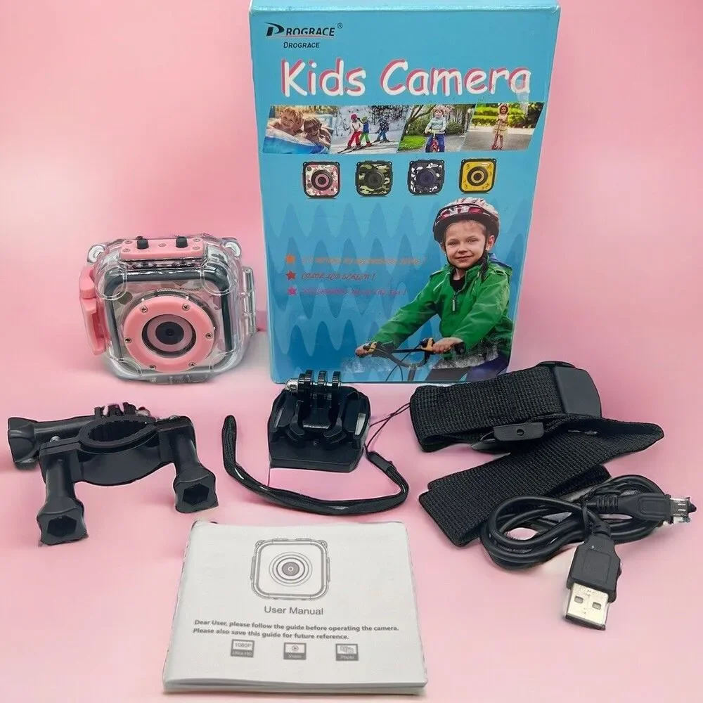 Kids Action Camera Pink w/Waterproof Hard Case & Mounting Accessories Underwater